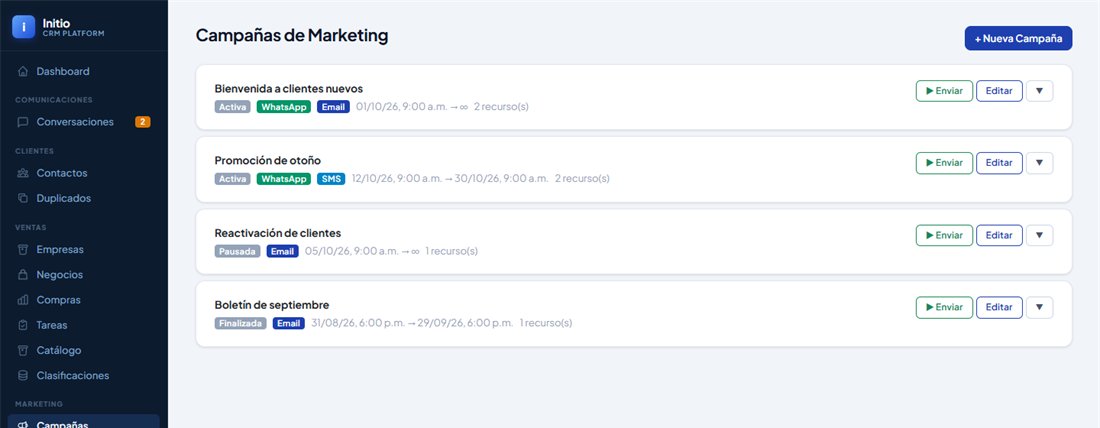 Lista de campañas del CRM con su estado, canales (WhatsApp, email y SMS) y fechas