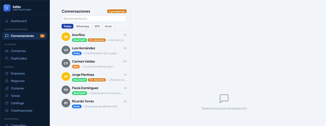 Bandeja de conversaciones del CRM con mensajes de WhatsApp, email y SMS de clientes de ejemplo