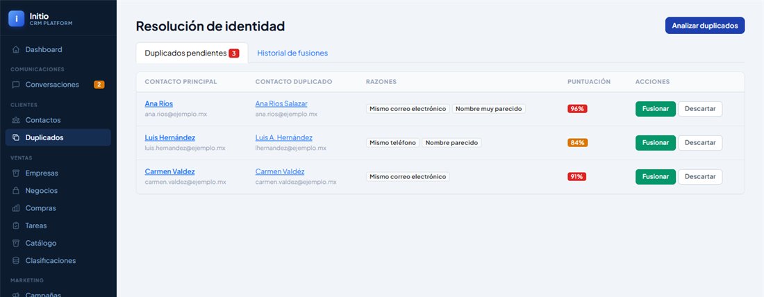 Pantalla de resolución de identidad del CRM con contactos duplicados, razones y puntuación de coincidencia