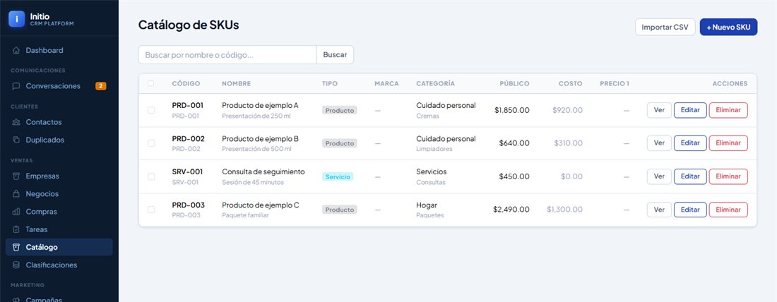 Catálogo de productos y servicios del CRM con código, tipo, categoría, precio y costo