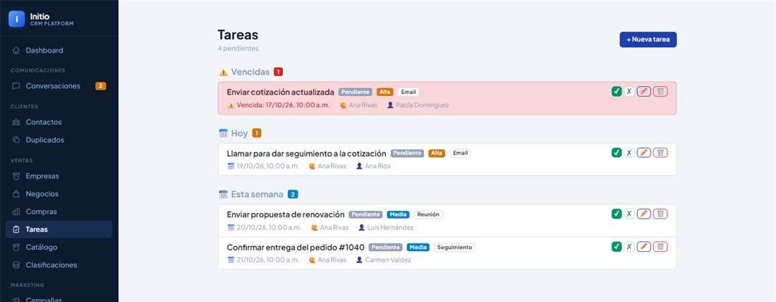Lista de tareas del CRM agrupadas en vencidas, hoy y esta semana, con prioridad y contacto