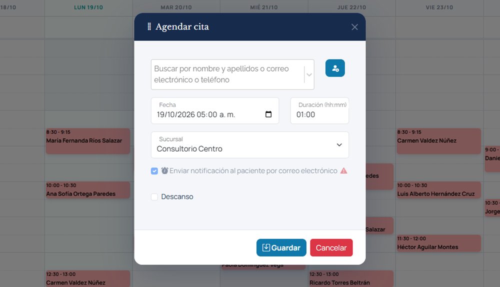 Ventana para agendar una cita con búsqueda de paciente, fecha, duración y sucursal