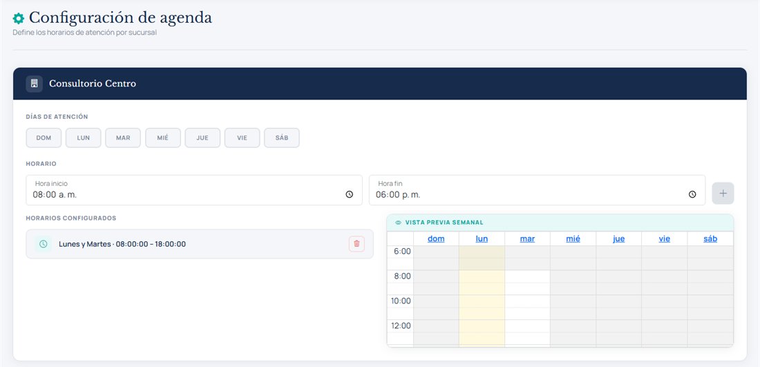 Configuración de agenda con días de atención, horarios y vista previa semanal