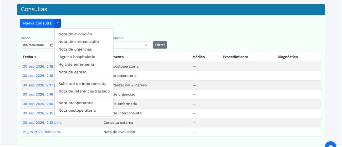 Menú de nueva consulta de SisClinic con los tipos de nota clínica disponibles