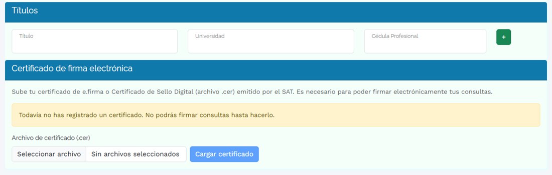 Perfil de SisClinic con la sección Certificado de firma electrónica para cargar el archivo .cer