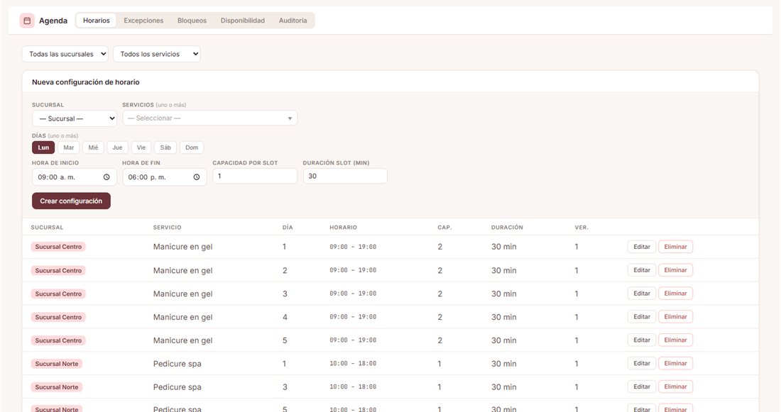 Administrador de SpaHub: horarios de atención por sucursal y servicio, con capacidad y duración de cada horario