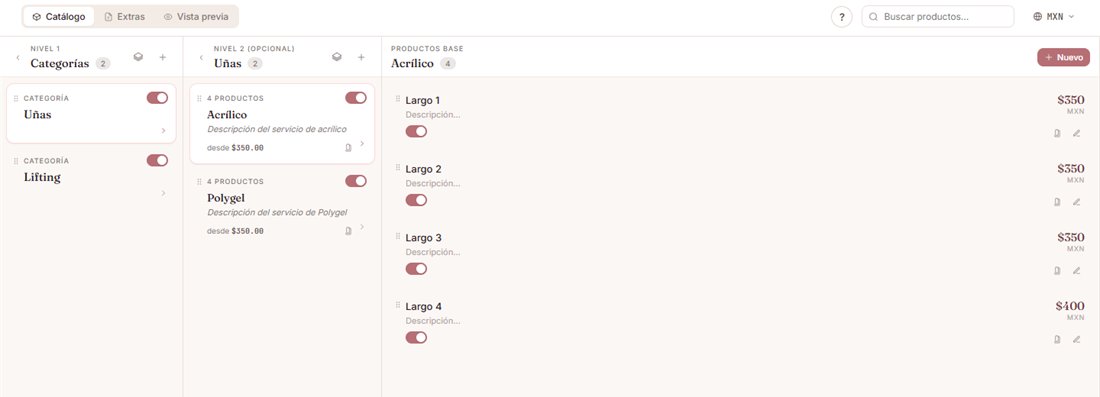 Catálogo de SpaHub con categorías, subcategorías y servicios con su precio en pesos