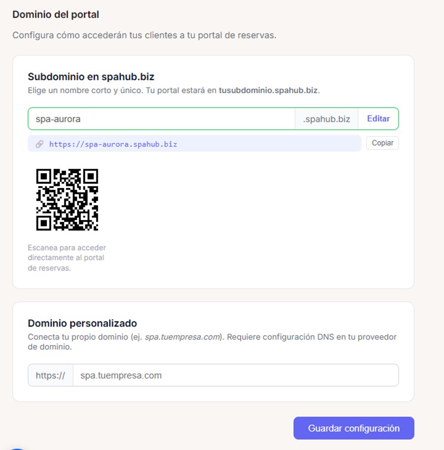Pantalla de dominio del portal con subdominio, enlace para copiar, código QR y dominio personalizado