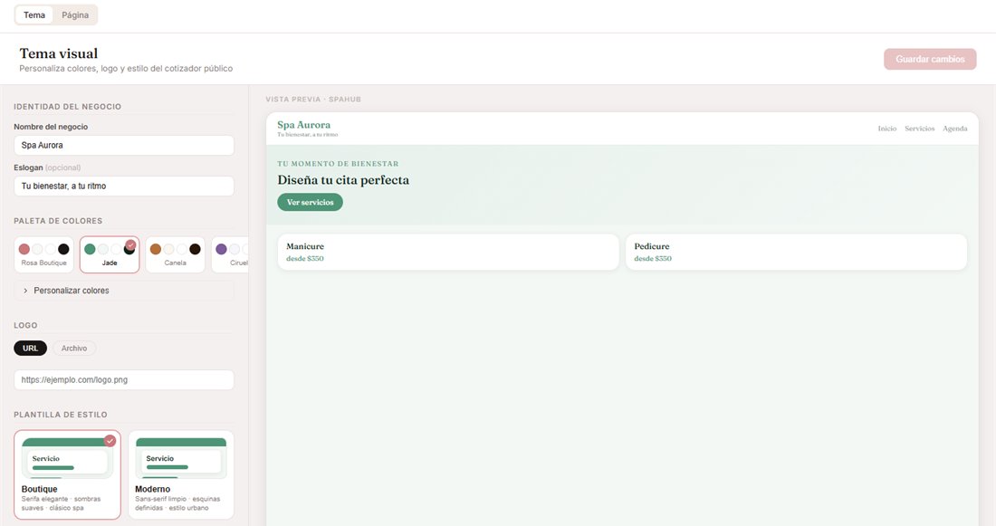 Administrador de SpaHub: personalización del portal con nombre, eslogan, paleta de colores, logo, plantilla y vista previa