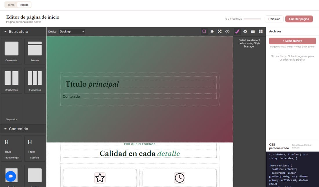 Editor de la página de inicio del portal con bloques de estructura y contenido y vista previa de la página