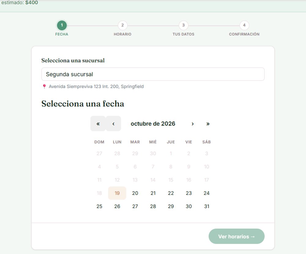 Paso de fecha del portal de reservas: selección de sucursal y calendario del mes