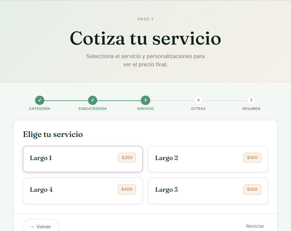 Portal de reservas de un negocio de ejemplo: el cliente elige su servicio y ve el precio de cada opción