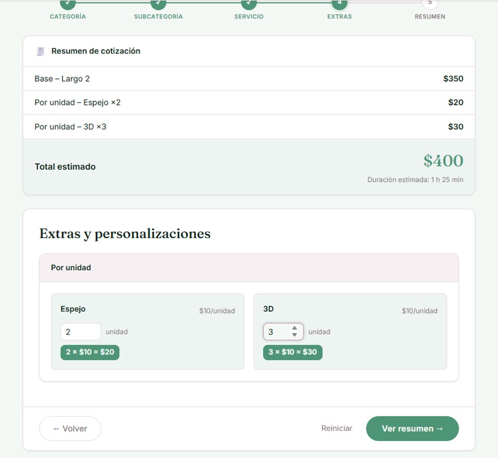 Cotización en el portal de reservas con precio base, extras por unidad y total estimado