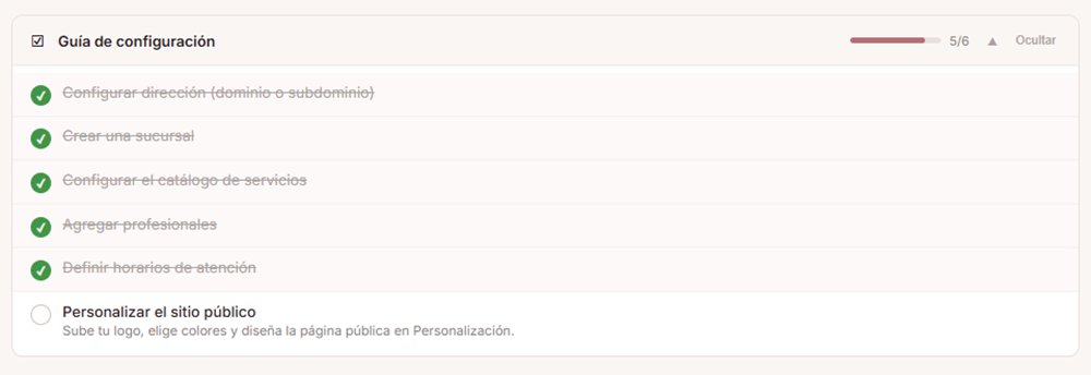 Guía de configuración del tablero con los pasos completados y pendientes